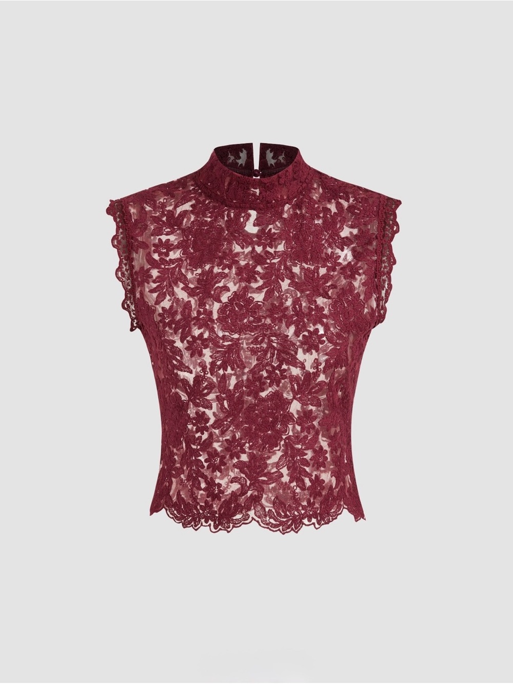 Cider Burgundy Floral Lace Mock Neck Top